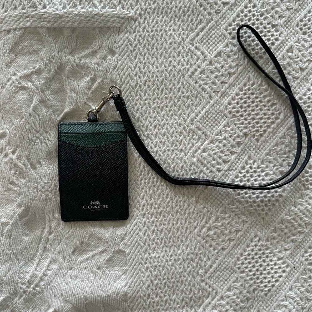 Coach Black and Green Card Holder with Lanyard